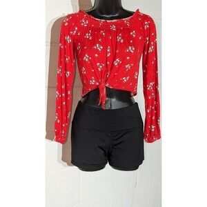 Divided by H&M Red Floral Tie Front Crop Top Long Sleeve Blouse Shirt Small